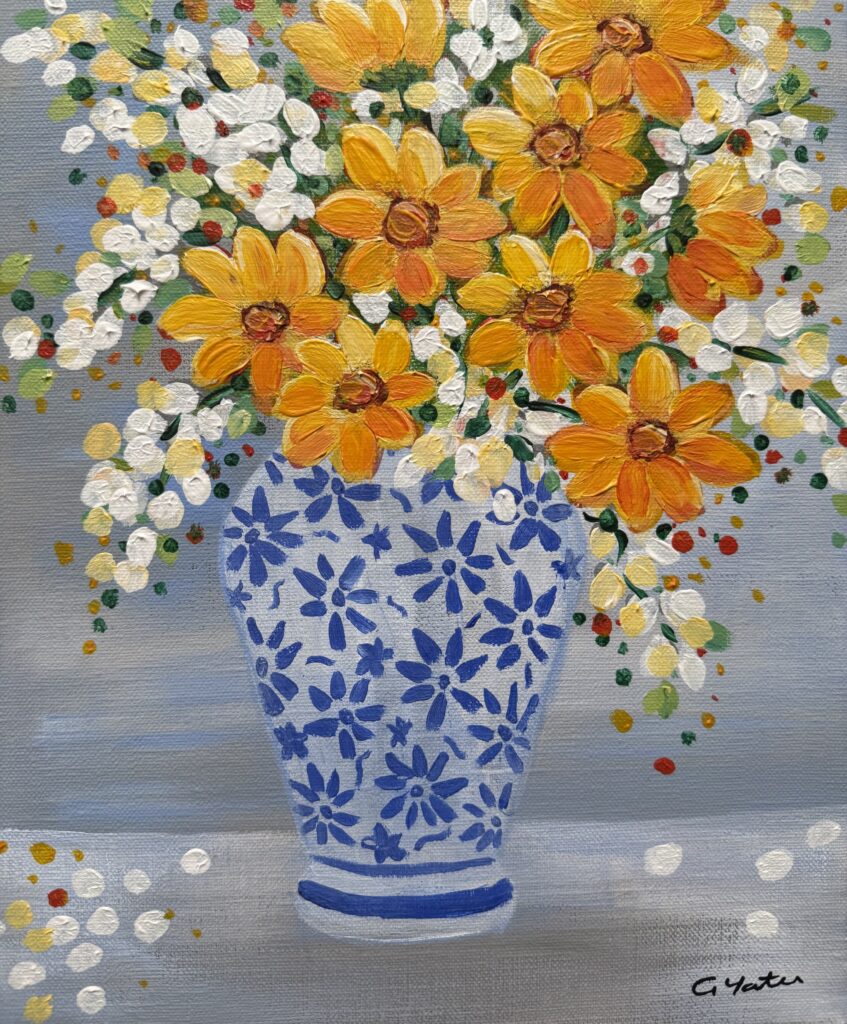 Orange Cosmos Flowers in a Decorative Vase - Acrylic on linen painting by Gemma Yates