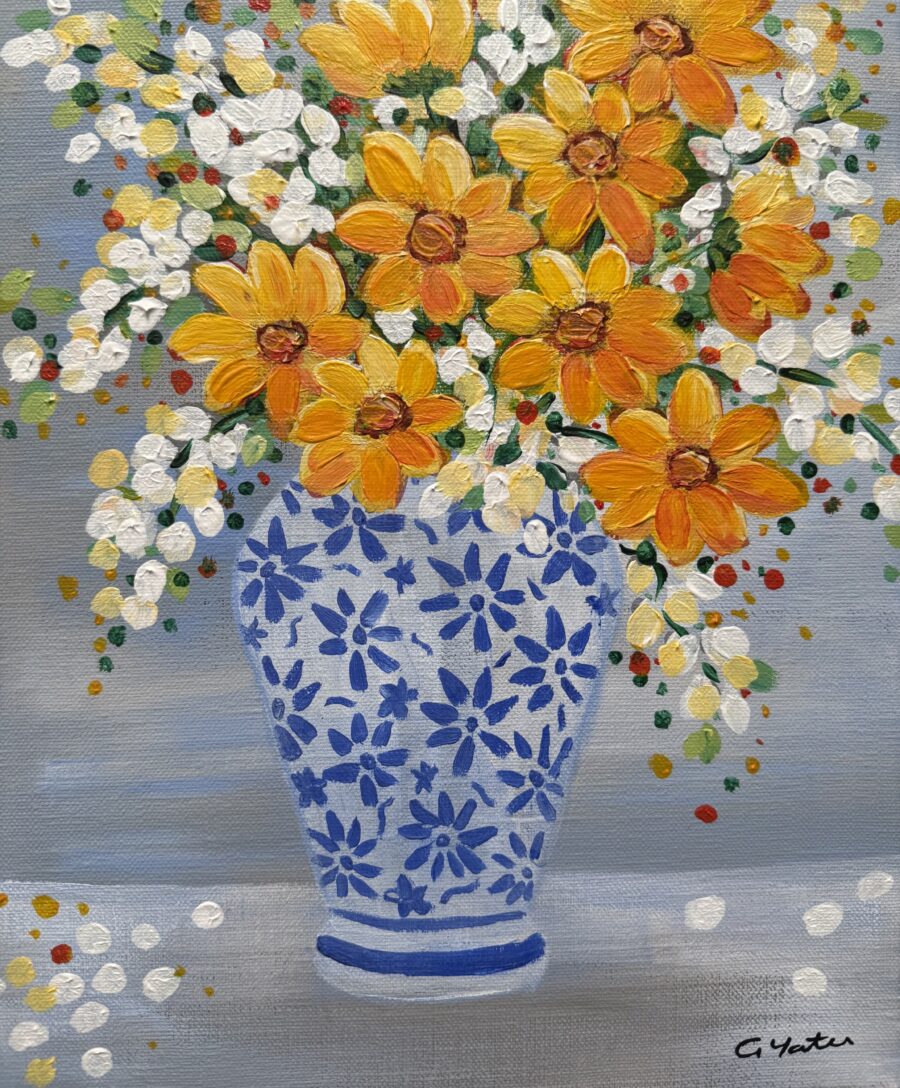 Orange Cosmos Flowers in a Decorative Vase - Acrylic on linen painting by Gemma Yates