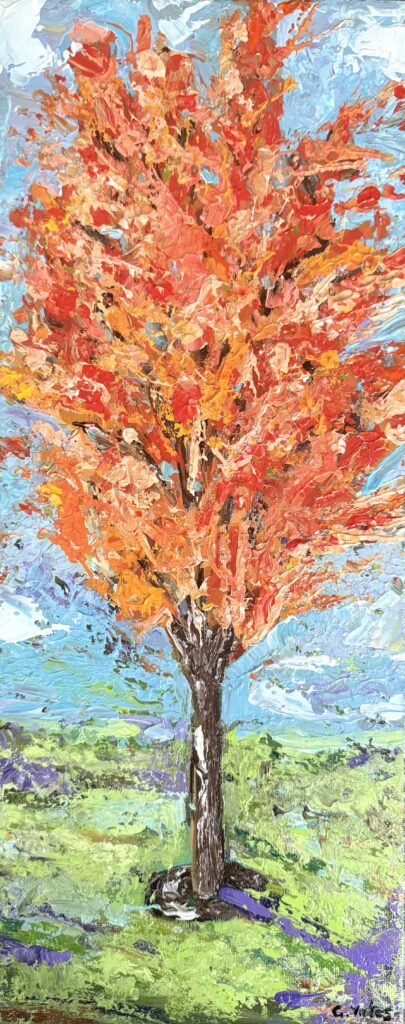 A painting of an orange tree in autumn with firey colors and texture. Painting by UK artist Gemma Yates