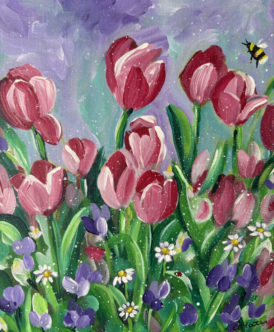 Spring Tulips In The Garden - Acrylic on linen painting with flowers and a bee by Gemma Yates