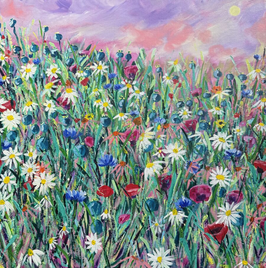 Moon Meadow - A floral meadow painting with full moon - Acrylic oN canvas by Gemma Yates